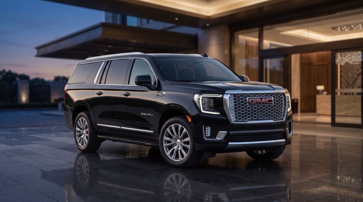 Luxivo's Yukon XL Denali waiting at a hotel entrance at dusk