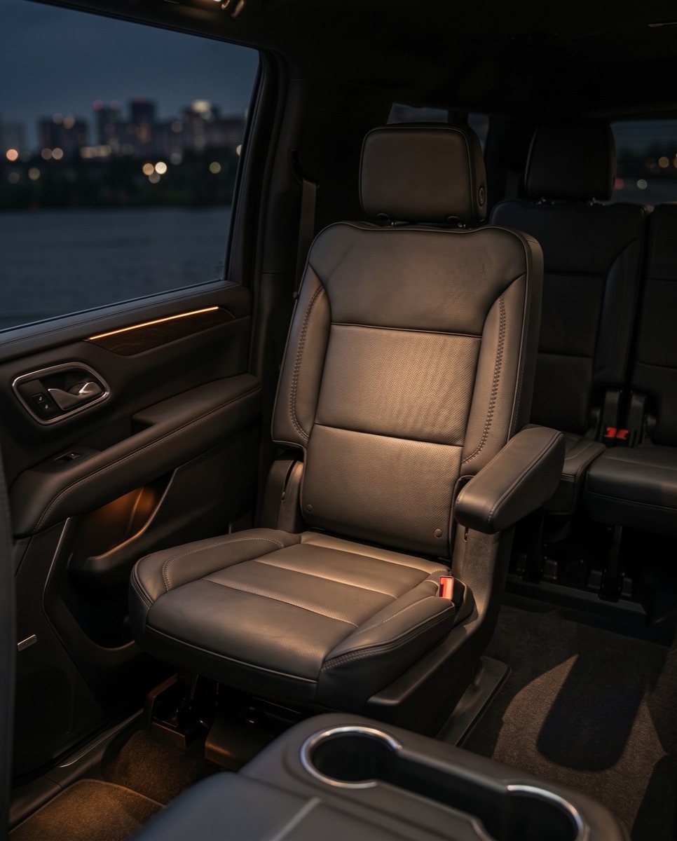 Second-row captain's chair in Luxivo's Yukon XL Denali, seen from the open rear door at night
